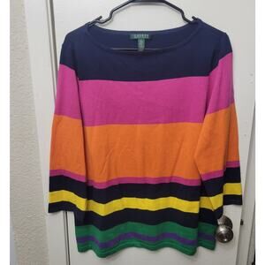 Lauren Ralph Lauren Sweater Womens XL Pullover Multicolor Boat Neck 3/4 Sleeve